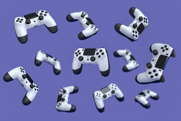 Flying gamer joysticks or gamepads on purple background with blur