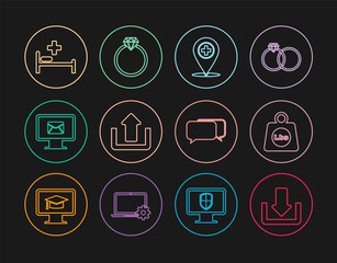 Set line Download, Weight pounds, Medical location with cross, Upload, Monitor and envelope, Hospital bed, Chat and Diamond engagement ring icon. Vector