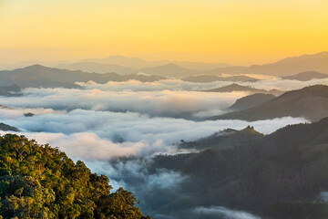 Betong, Yala, Thailand  2020: Talay Mok Aiyoeweng skywalk fog viewpoint there are tourist visited sea of mist in the morning
