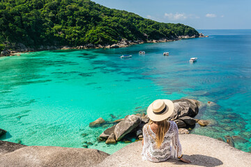 tourist looking panorama from Sail Rock View Point of Kor 8 of Similan Islands National Park, Phang...