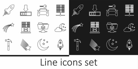 Set line Rocket ship with fire, Cloud moon and stars, Car rental, Mail server, Falling, FTP folder download and Loading icon. Vector