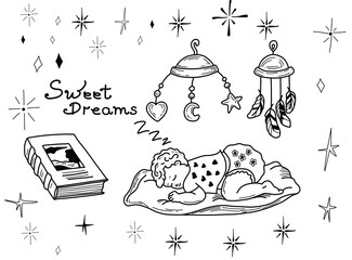 Set of drawings of cute handdrawn vector illustrations on the theme of sleep to bed