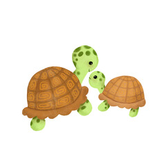 cartoon two green aquatic and amphibious turtles with a brown shell with square spirals and spots on their heads are looking at each other and on a white background, animals, children, amphibian