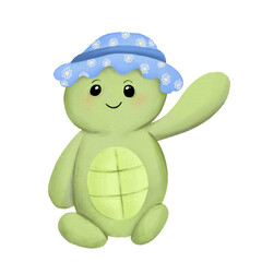 cartoon green aquatic and amphibious turtle in a blue hat with daisies sitting and waving on a white background, animals, children, amphibian, flowers, plants, welcomes