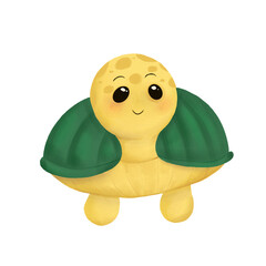 cartoon yellow aquatic and amphibious turtle with a green striped panzer with big eyes and spots on its head stands on a white background, animals, children, amphibian