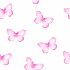 Fototapeta na wymiar Seamless pattern with pink butterflies on white background, watercolor