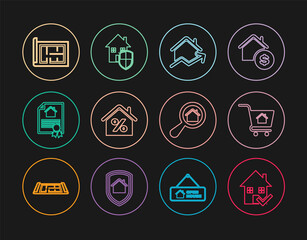 Set line House with check mark, Shopping cart house, Rising cost of housing, percant, contract, plan, Search and under protection icon. Vector