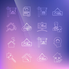 Set line House with check mark, Man dreaming about buying house, Realtor, Hanging sign Open, Sold, Rising cost of housing, For Sale and icon. Vector