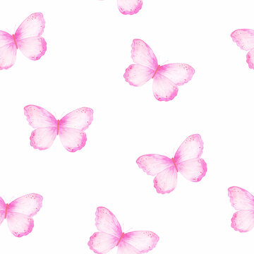 Seamless pattern with pink
butterflies on white background,
 watercolor