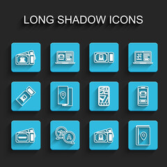 Set line Ticket, Translator, Museum ticket, Train, Cover book travel guide, Online car sharing and Infographic of city map icon. Vector