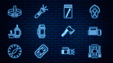 Set line Rafting boat, Flashlight, Open matchbox and matches, Thermos container, Head flashlight, Old wooden axe and icon. Vector