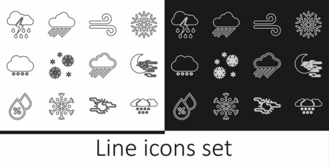 Set line Cloud with snow, Fog and moon, Wind, Snow, rain lightning, and icon. Vector