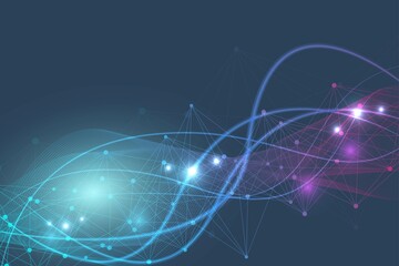 Science network pattern, connecting lines and dots. Technology hexagons structure or molecular connect elements