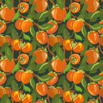 Spectacular seamless pattern with intertwined branches with orange persimmon fruits