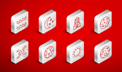 Set line Planet Mars, Moon and stars, Astrology woman, Sun, Aquarius zodiac, Earth and Pisces icon. Vector