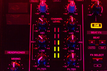  DJ mix studio audio tracks mixing buttons pads decks mixing console frequencies
