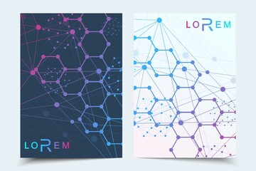 Minimal brochure templates, magazine, leaflet, flyer, cover, booklet, annual report, banner. Scientific concept for medical, technology, chemistry. Hexagonal molecule structure. Dna, atom, neurons.
