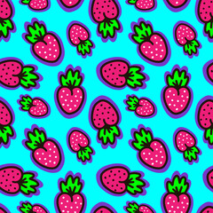 Seamless background with bright raspberries on a blue background. Vector illustration
