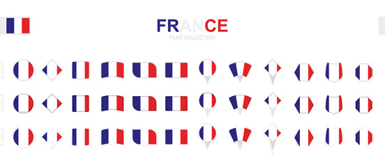 Large collection of France flags of various shapes and effects.