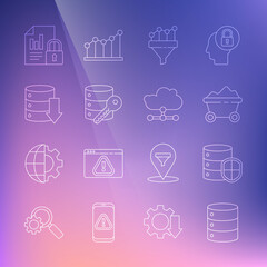 Set line Server, Data, Web Hosting, with shield, Coal mine trolley, Sales funnel chart, security key, Document and lock and Network cloud connection icon. Vector