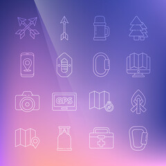 Set line Carabiner, Campfire, Location of the forest monitor, Thermos container, Rafting boat, City map navigation, Crossed arrows and icon. Vector