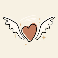 Love post with line art heart with wings. Valentine's day object. One line doodle drawing style