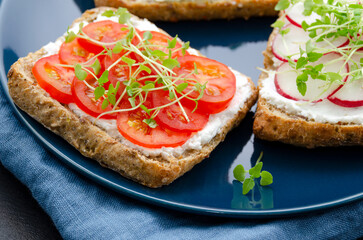 appetizing delicious vegetarian sandwiches with cream cheese, fresh cucumber, radish, tomato and microgreens on a black slate background on a plate. healthy food diet weight loss fitness. cafe menu.