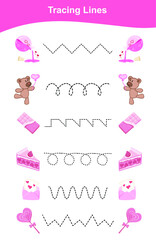Tracing Lines Game Valentine Edition. Educational worksheet. Worksheet activity for preschool kids. Preschool Education. Vector illustration. 