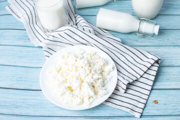 dairy products on a blue wooden table