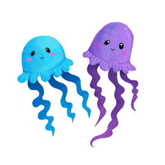 cartoon two blue and purple sea jellyfish with wavy tentacles with cute faces on a white background, animals, underwater,transparent creatures, ocean , baby