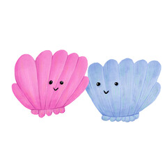 cartoon two pink and blue sea and sand shells with cute faces on a white background, , ocean, nature, scallop