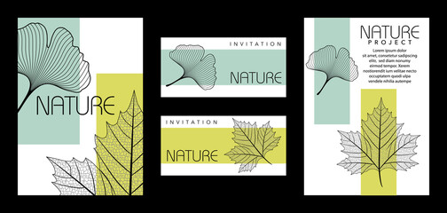 Ensemble de mise en page aux formats brochure ou carte d’invitation avec un graphisme simple et moderne sur le thème de la nature et illustré d’une feuille de ginkgo et de platane.