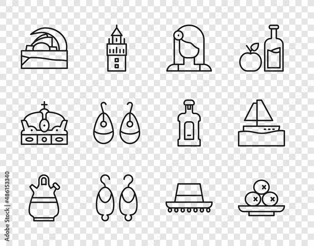 Poster Set line Sangria pitcher, Olives on plate, Spanish woman, Earrings, Concert hall de Tenerife, hat and Yacht sailboat icon. Vector