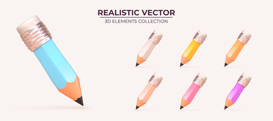3d vector realistic pencil icon set. Collection of high quality color logo for mobile concepts and web apps. Education set in trendy render style. Vector illustration on a white background