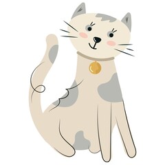 Cute, flat kitten cartoon character. A small pet in a collar with a medal. Pet vector illustration isolated on white background, for kids app game book print postcard t-shirt design party invitation