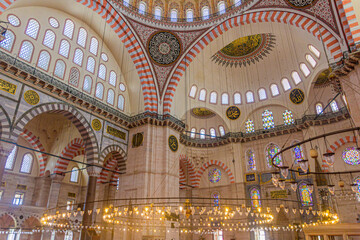 Fototapeta na wymiar ISTANBUL, TURKEY - JULY 22, 2019: Interior of Suleymaniye Mosque in Istanbul, Turkey