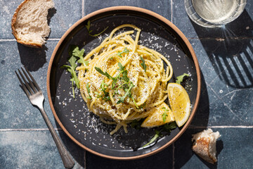 Bucatini Pasta with Arugula, Lemon, & Parmesan