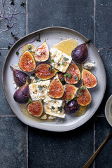Figs with feta, honey, and microgreens