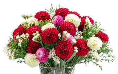 white and red dahlia bouquet isolated on white background