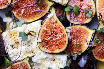Figs with feta, honey, and microgreens