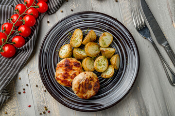 Chicken cutlets with baked mini potatoes on grey wooden table top view