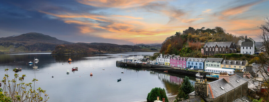 Panoramic view of the Portree harbor in Scotland, UK