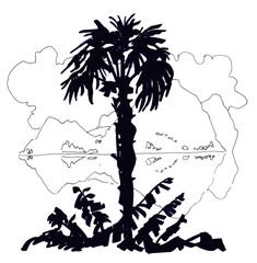 Palm tree in the tropics. Resort place. Rest and vacation. Ink drawing.