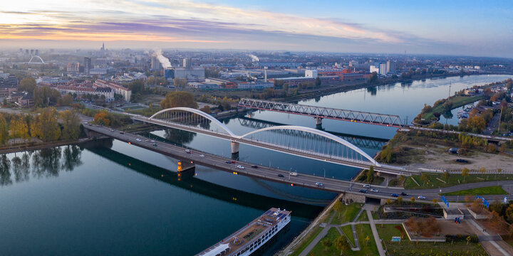 Bridges bridge over Rhine river between Kehl and Strasbourg Germany France aerial photo panorama
