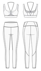 Sports Wear fashion design set. Womens Sports Bra fashion flat template. Womens Leggings pants fashion flat drawing set.