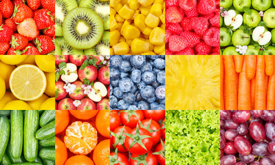 Collection of fruits and vegetables fruit collage background with berries and grapes - obrazy, fototapety, plakaty