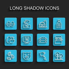 Set line Seeds, Pig, Chicken egg in box, Watering can, Tree, Well and Bag of flour icon. Vector