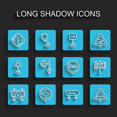 Set line Road barrier, Hospital road traffic, Exclamation mark in triangle, sign, Uneven ahead, Stop with camera, Traffic light and No overtaking icon. Vector