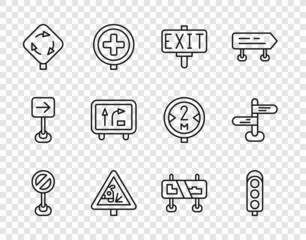 Set line Stop sign, Traffic light, Fire exit, Warning road, Roundabout traffic, Road, and icon. Vector