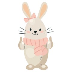 Cute, flat minimalistic hare. Boho rabbit girl. Funny character raises a finger up. Pet vector isolated on white background for kids app, game, book, print, postcard, t-shirt design, party invitation.